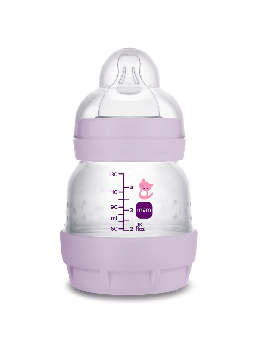 Mam biberon easy start 130 ml, biberon anticolica per allattamento misto che riduce le bolle d'aria e il rischio di coliche, lilla