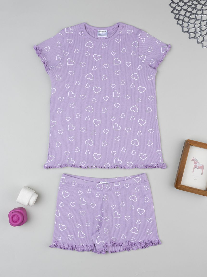 Pigiama corto bambina viola cuori