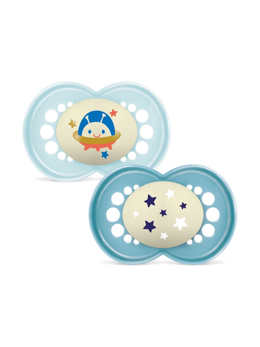 Mam original night succhietto 16+ mesi (set da 2), ciuccio mam 16 36 mesi silicone e ortodontico che si illumina al buio, azzurro/celeste