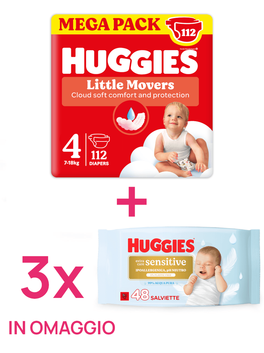 Pannolini little movers megapack tg.4 112 pezzi + 3 salviette extra care sensitive in omaggio