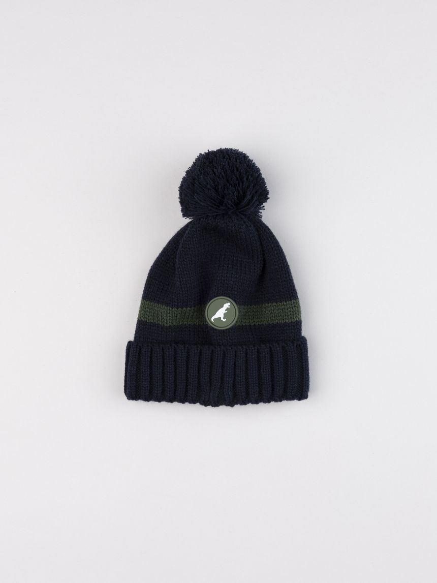 Berretto bambino con pon pon blu/verde t-rex