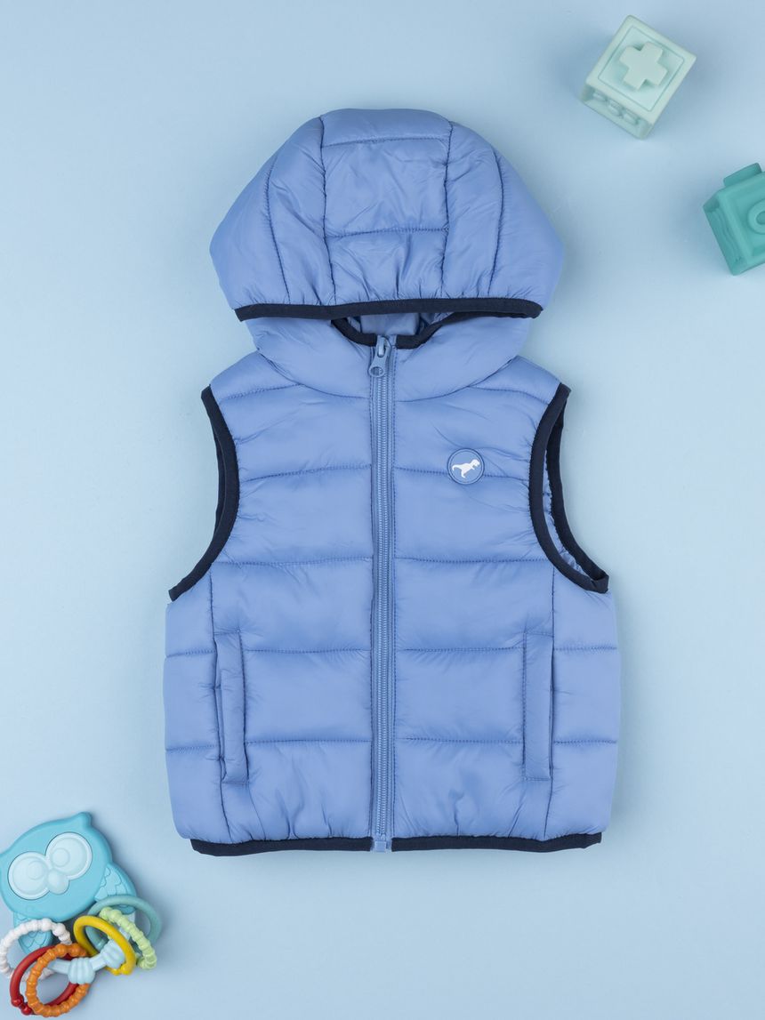 Gilet smanicato trapuntato da neonato con cappuccio azzurro