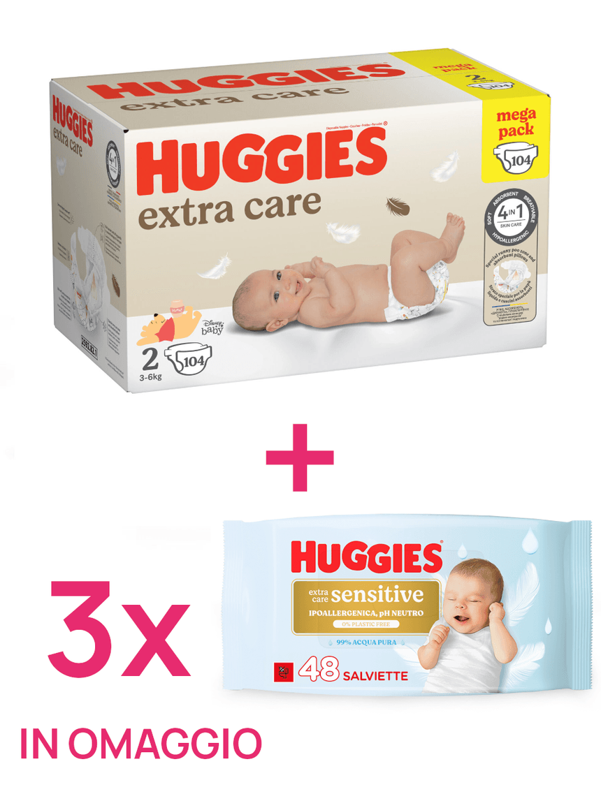 Pannolini extra care mega pack tg. 2 (3-6 kg) 104 pannolini + 3 salviette extra care sensitive in omaggio