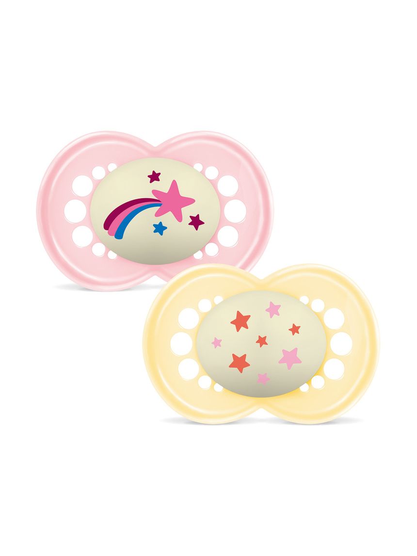 Mam original night succhietto 16+ mesi (set da 2), ciuccio mam 16 36 mesi silicone e ortodontico che si illumina al buio, rosa/giallo