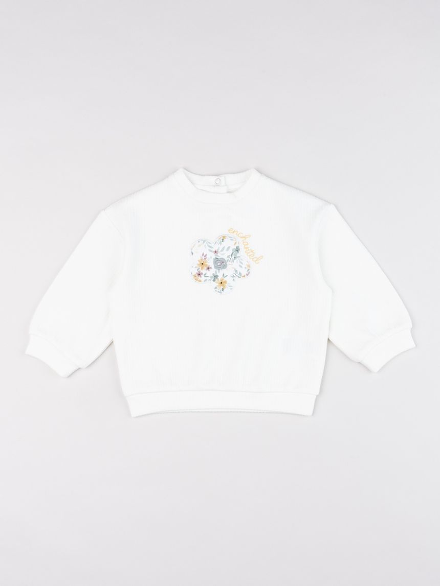 Felpa leggera bimba bianca patch fiore