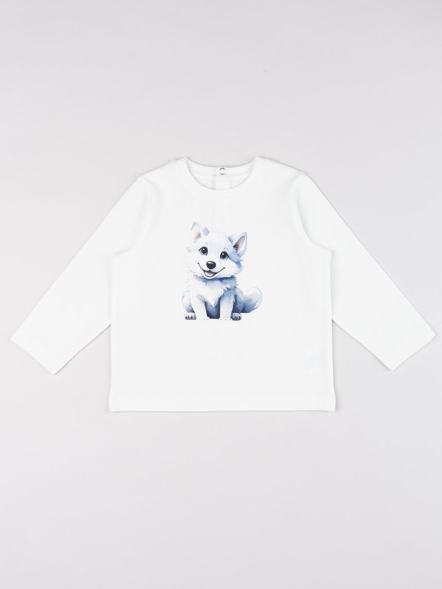 T-shirt manica lunga bianca bimbo stampa cagnolino