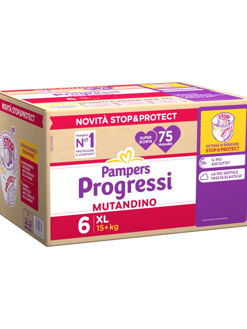 Pannolino progressi mutandino super scorta taglia 6 15+kg 75 pz - pampers