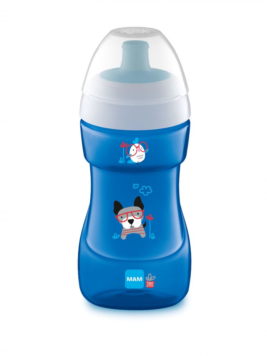 Mam sports cup tazza bambini 330 ml, biberon acqua e latte per neonati 12+ mesi da viaggio ideale fuori casa, azzurro