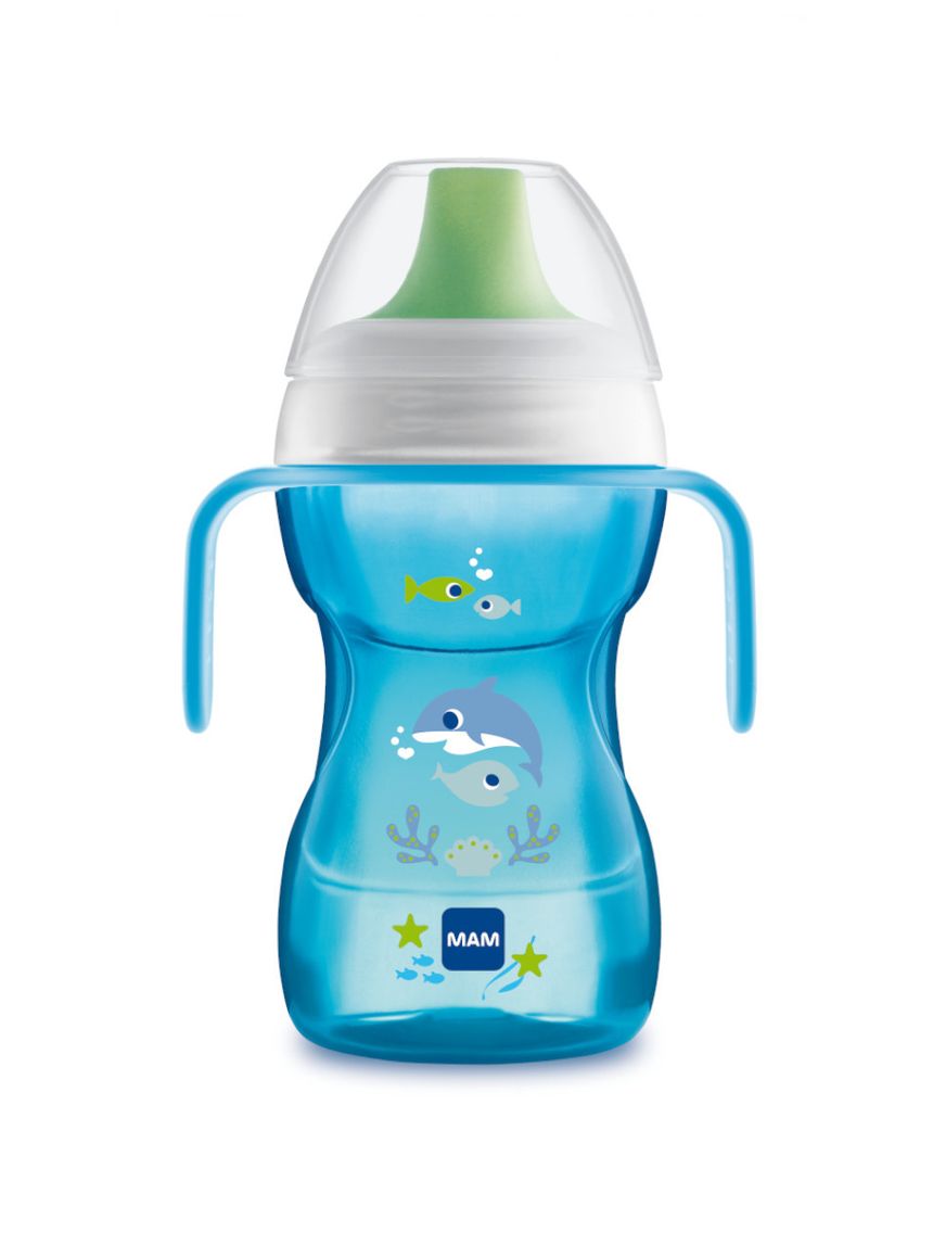 Mam fun to drink cup tazza bambini 270 ml, biberon acqua e latte per neonati 8+ mesi con beccuccio anti-goccia e valvola per flusso libero, azzurro