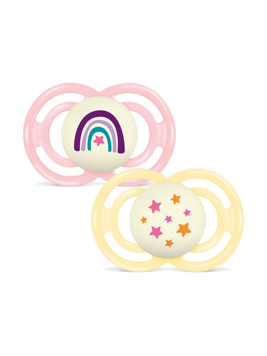 Mam perfect night confezione doppia succhietto 16+ mesi (set da 2), ciuccio mam 16 36 mesi silicone che si illumina al buio, rosa/giallo