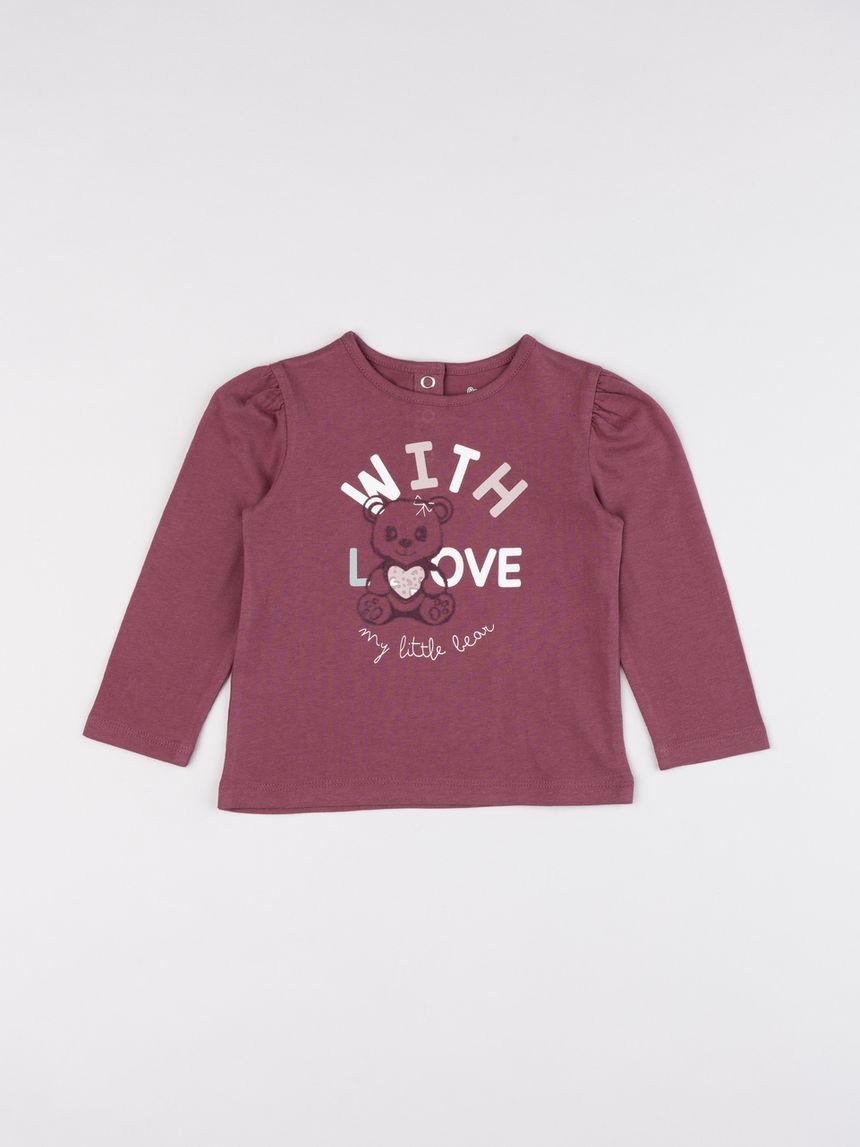 T-shirt a maniche lunghe bordeaux da bimba "with love"