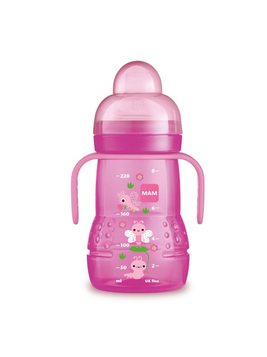 Mam trainer 220 ml, biberon acqua e latte per neonati 4+ mesi con tettarella antigoccia in silicone, rosa