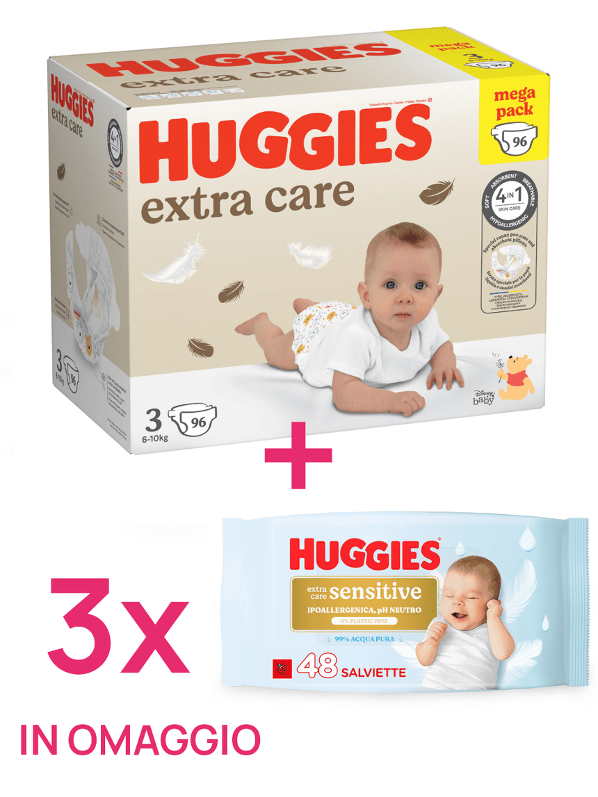 Pannolini extra care mega pack. tg.3 (6-10 kg) 96 pannolini + 3 salviette extra care sensitive in omaggio