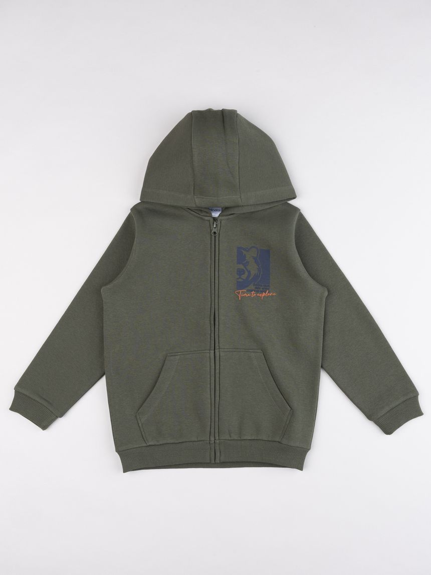 Felpa verde bambino full-zip con cappuccio e stampa