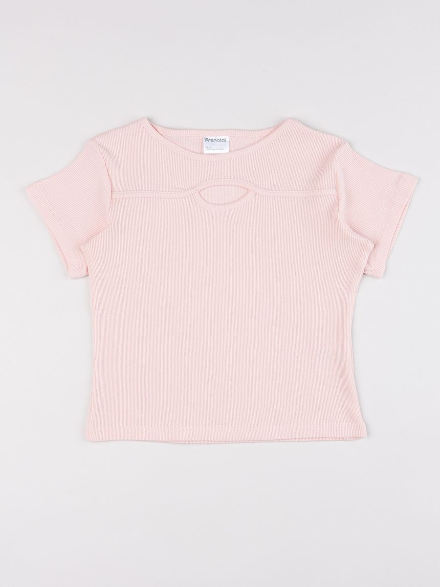 T-shirt bambina in costina rosa con cut-out "drop"