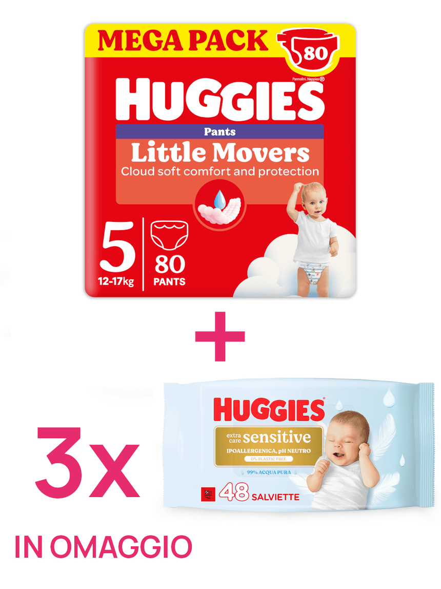 Pannolini little movers mutandina megapack tg.5 80 pezzi + 3 salviette extra care sensitive in omaggio
