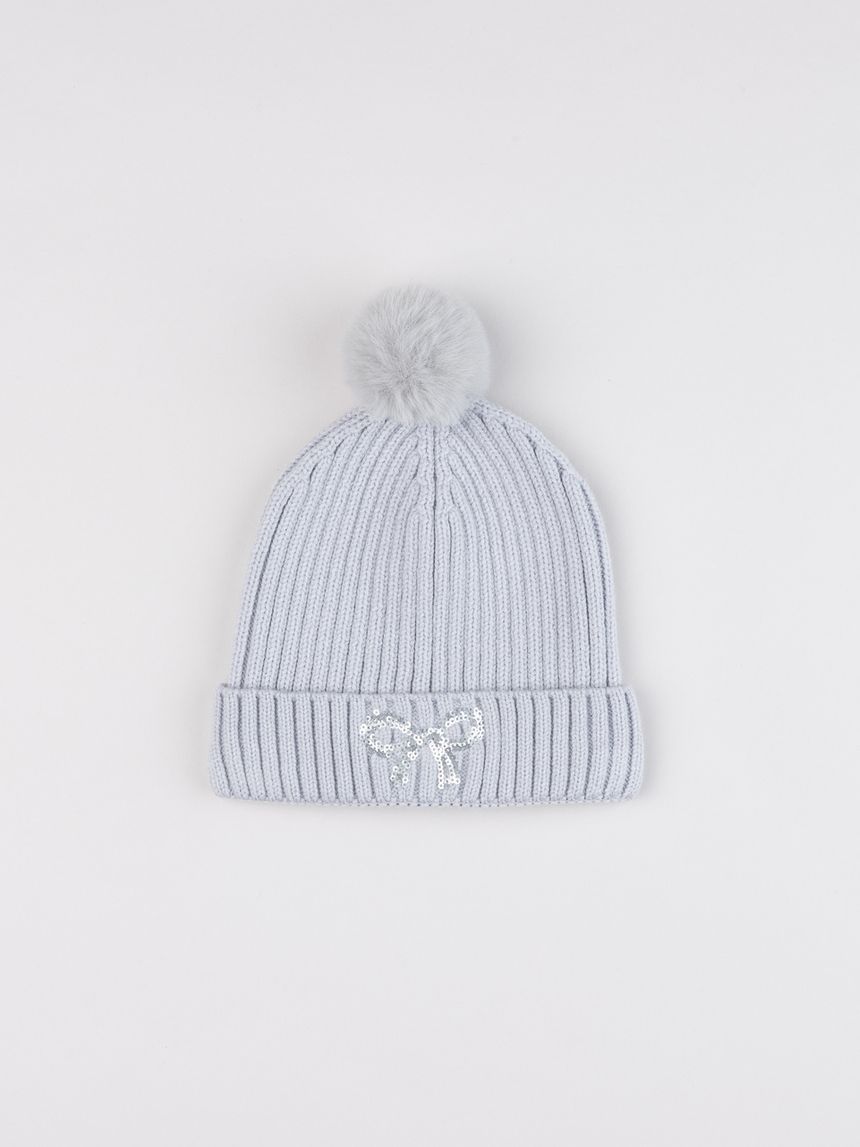 Cappello pon pon bambina grigio fiocco strass