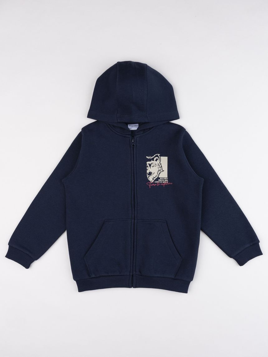 Felpa blu bambino full-zip con cappuccio e stampa
