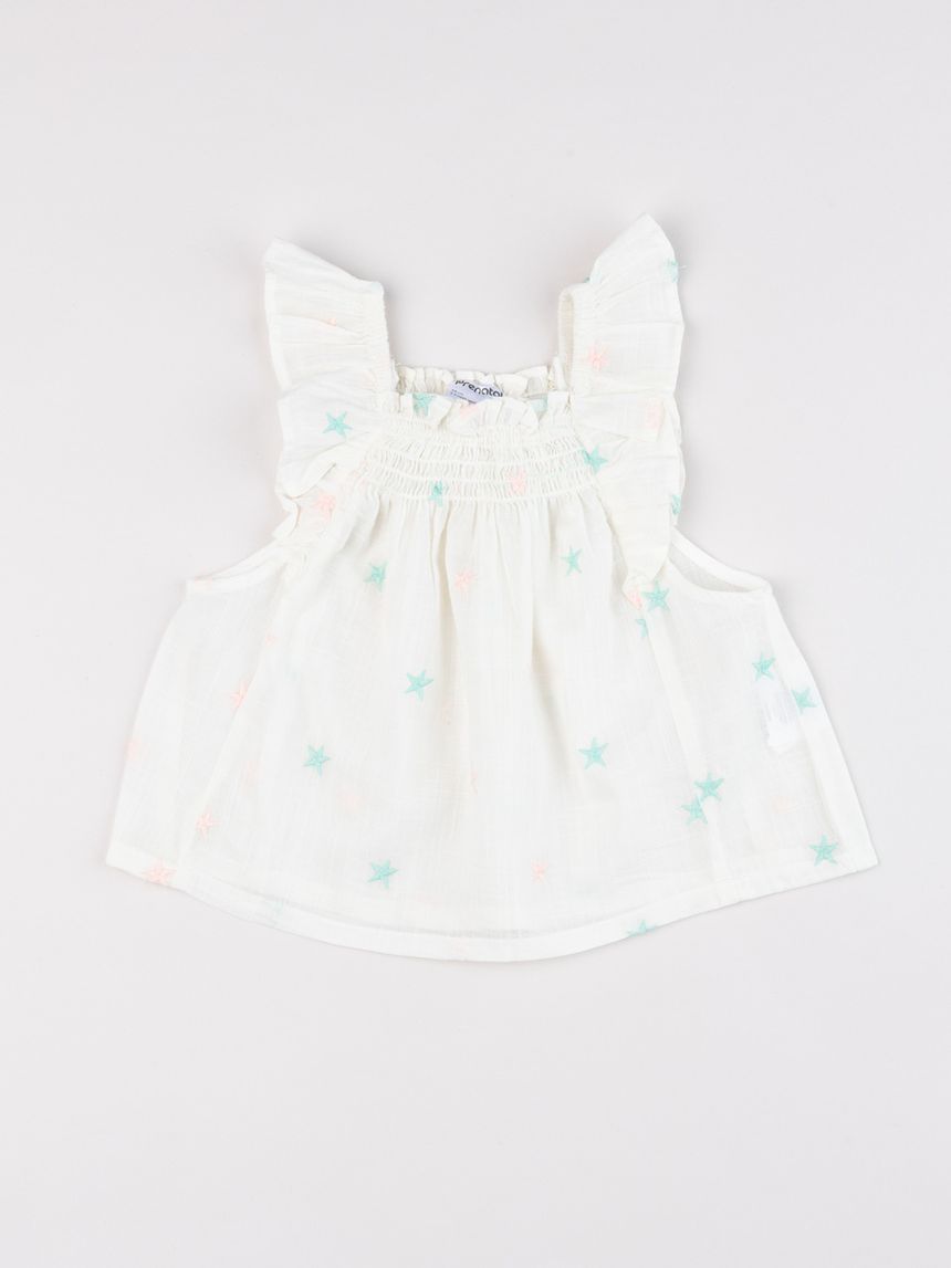 Blusa smanicata bimba in mussola con stelle ricamate
