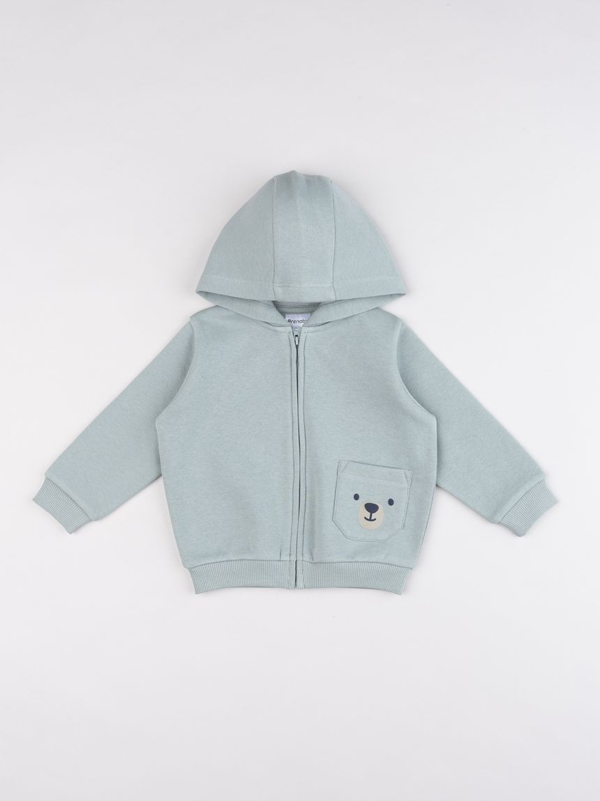 Felpa full zip bimbo verde con cappuccio e taschino