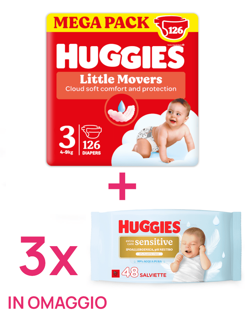 Pannolini little movers tg3 126 pezzi + 3 salviette extra care sensitive in omaggio
