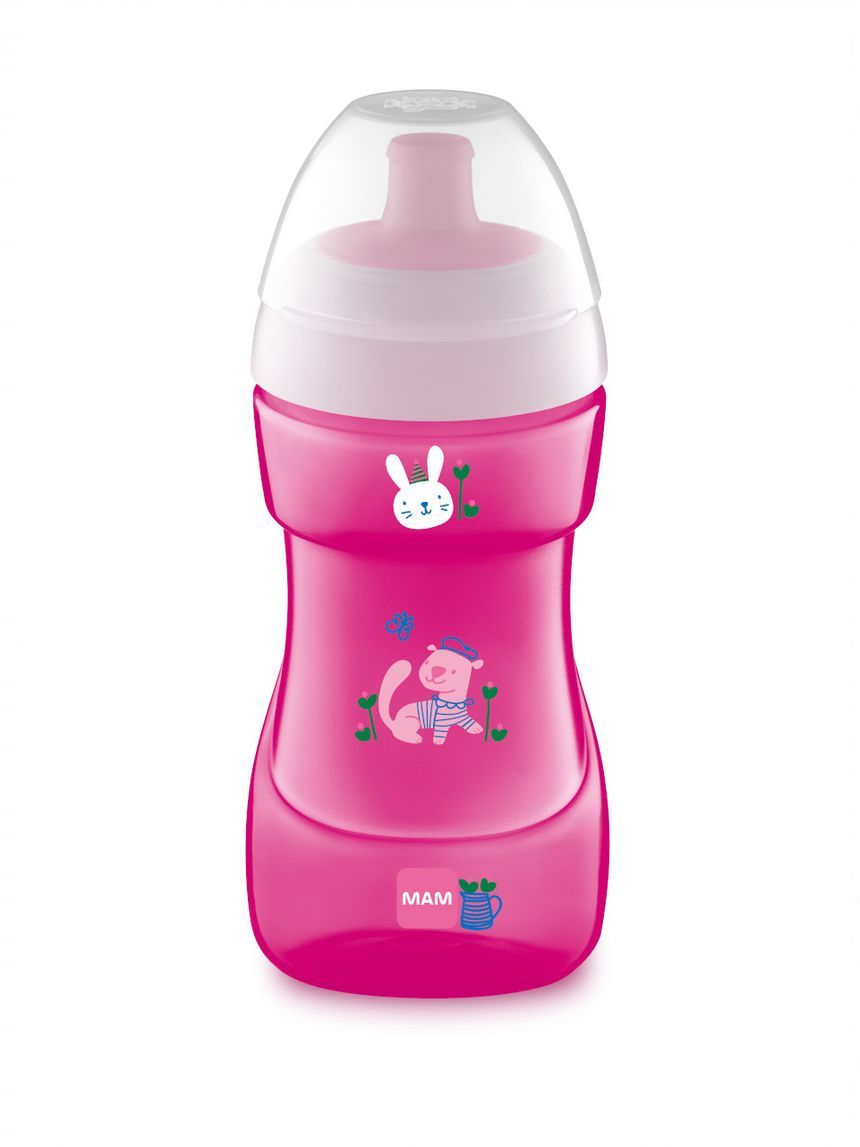 Mam sports cup tazza bambini 330 ml, biberon acqua e latte per neonati 12+ mesi da viaggio ideale fuori casa, rosa