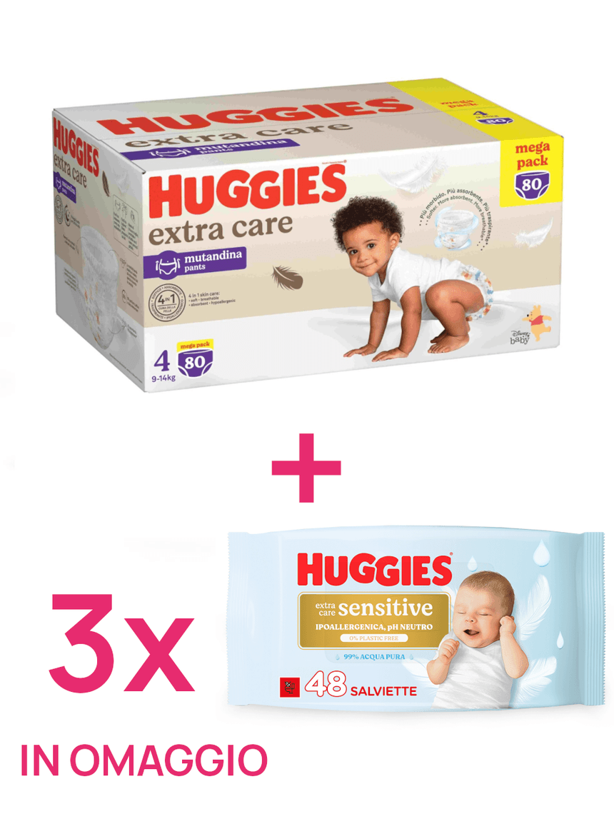 Pannolini extra care mutandina mega pack tg 4 (9-14 kg) + 3 salviette extra care sensitive in omaggio