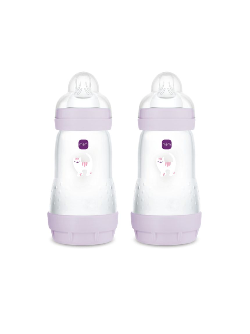 Mam biberon easy start 260 ml (set da 2), kit da 2 biberon anticolica per allattamento misto, lilla, 2+ mesi