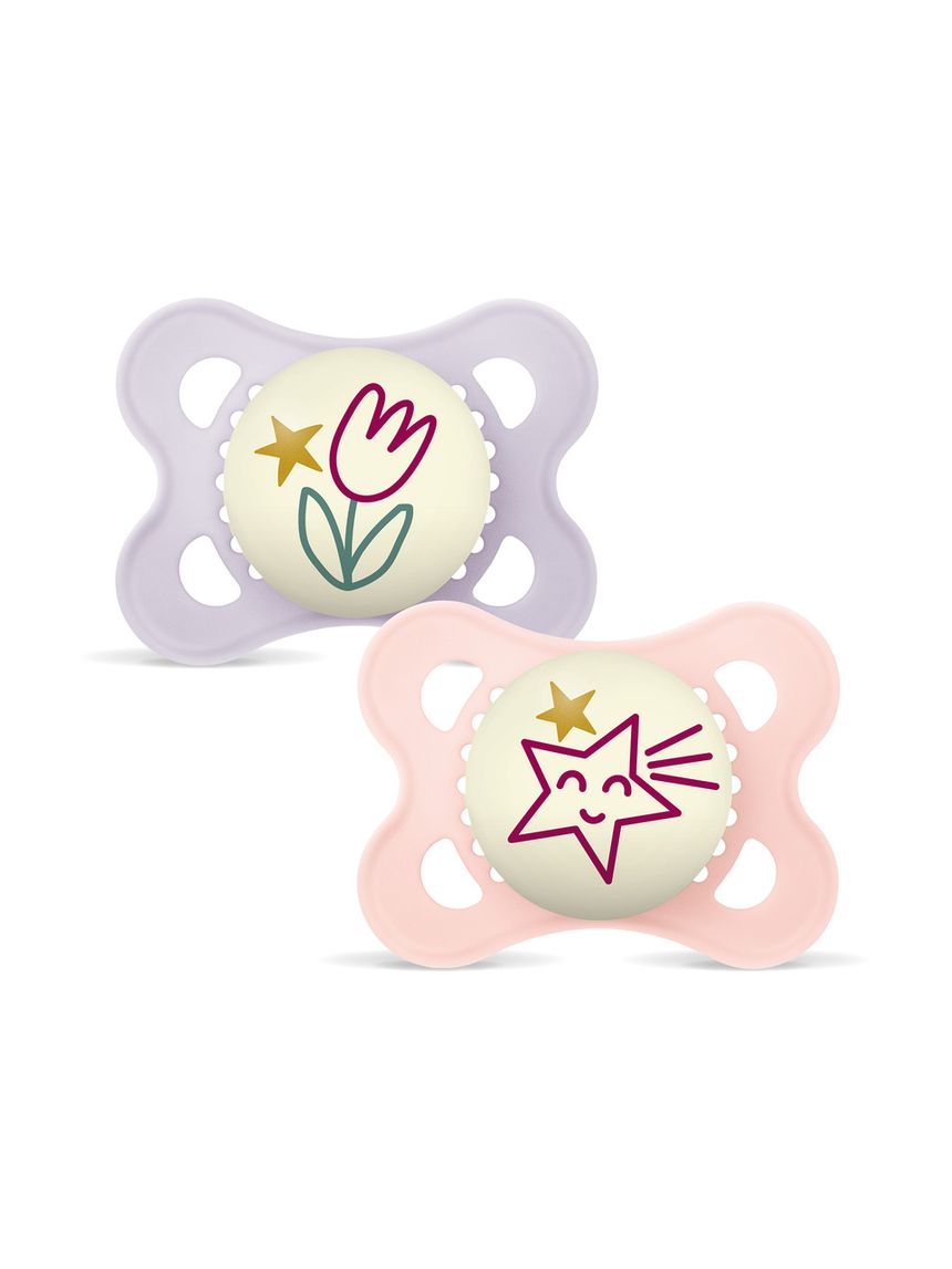 Mam original night succhietto 2-6 mesi (set da 2), ciuccio mam 2-6 mesi che si illumina al buio con tettarella in silicone, rosa/lilla