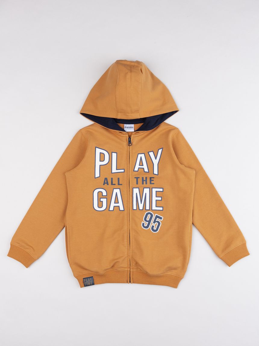 Felpa con cappuccio e zip bambino arancione con stampa