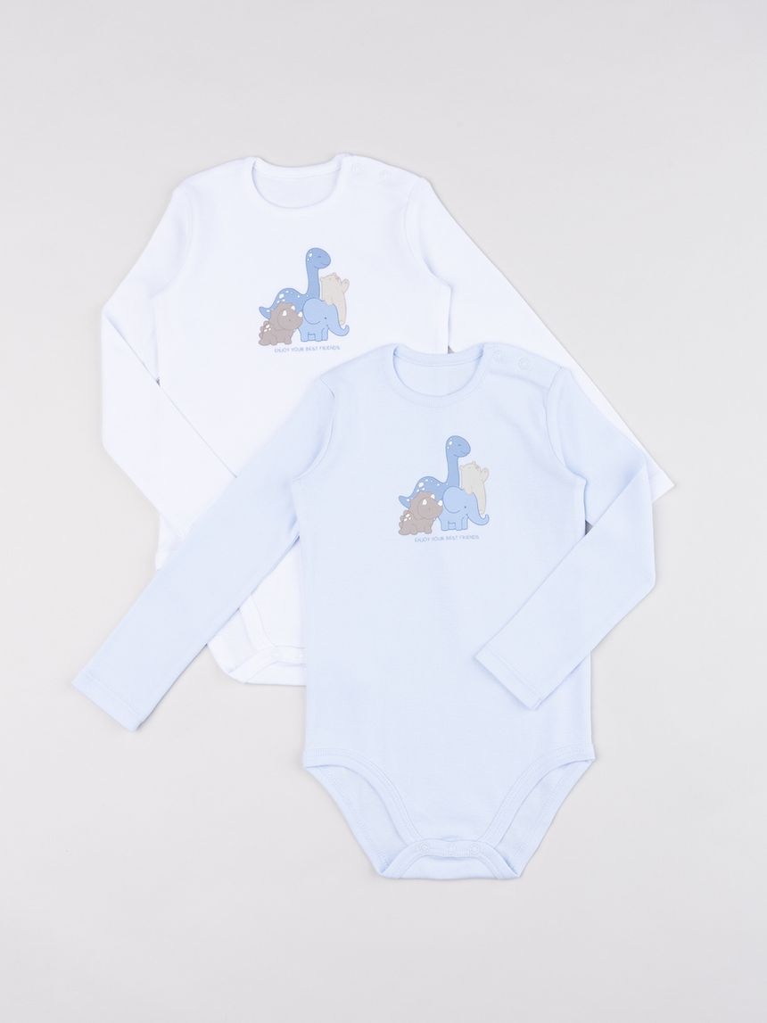 Pack 2 body bimbo maniche lunghe bianco/azzurro dinosauri