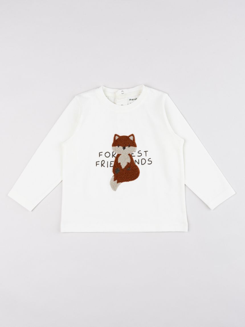 T-shirt panna bimbo con volpe bouclé "forest friends"