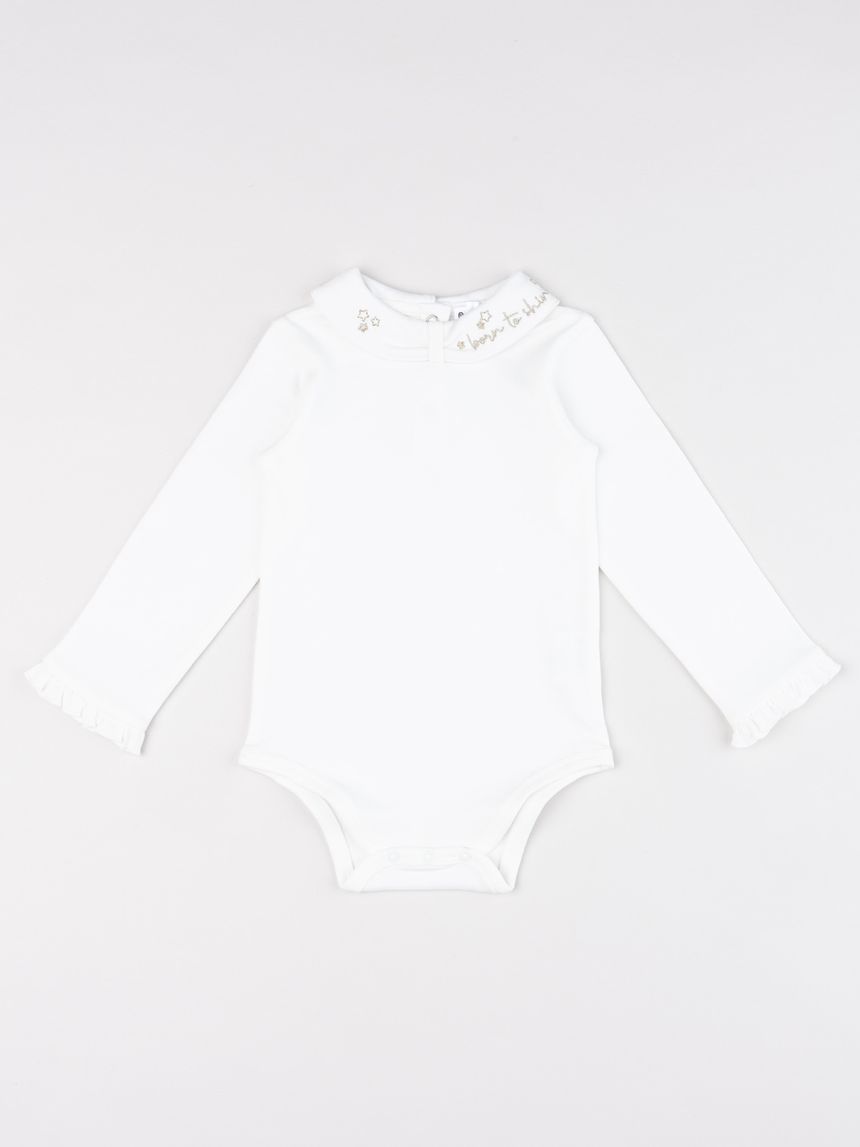 Body neonata bianco con colletto ricamato "born to shine"