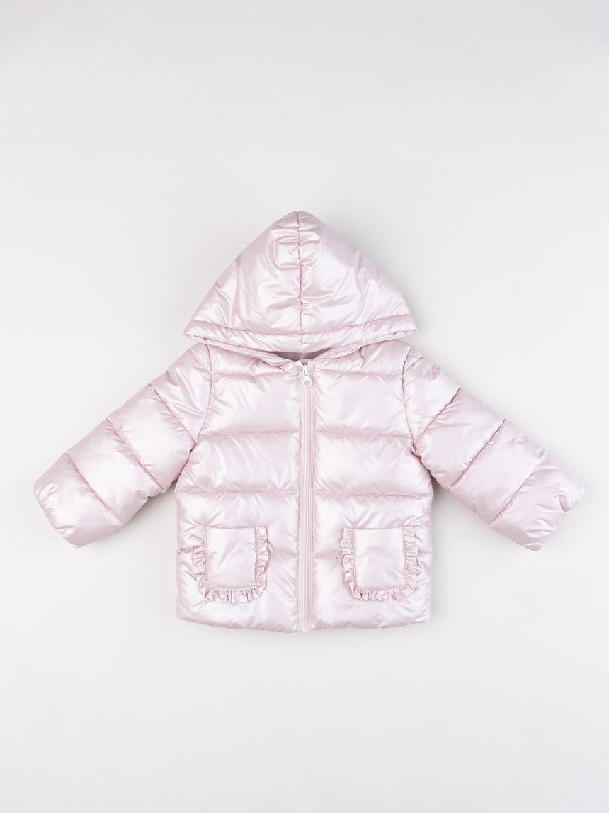 Giubbotto piumino bimba rosa lucido con cappuccio e volant