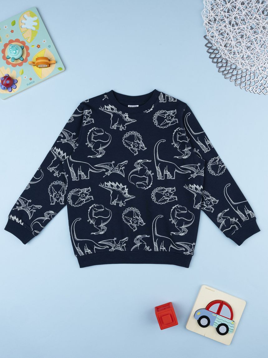 Felpa garzata bambino girocollo blu con dinosauri