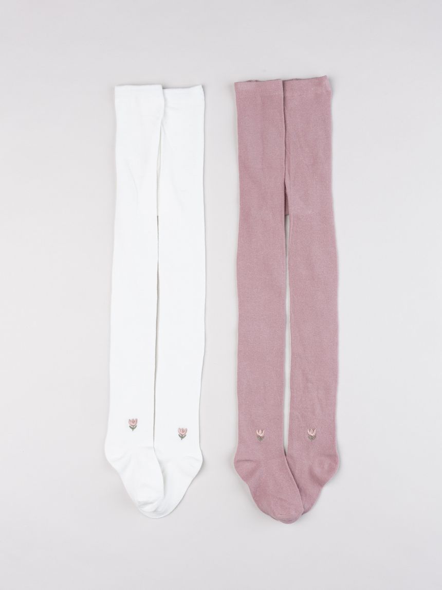 Pack 2 collant bambina bianco e rosa con ricamo fiore