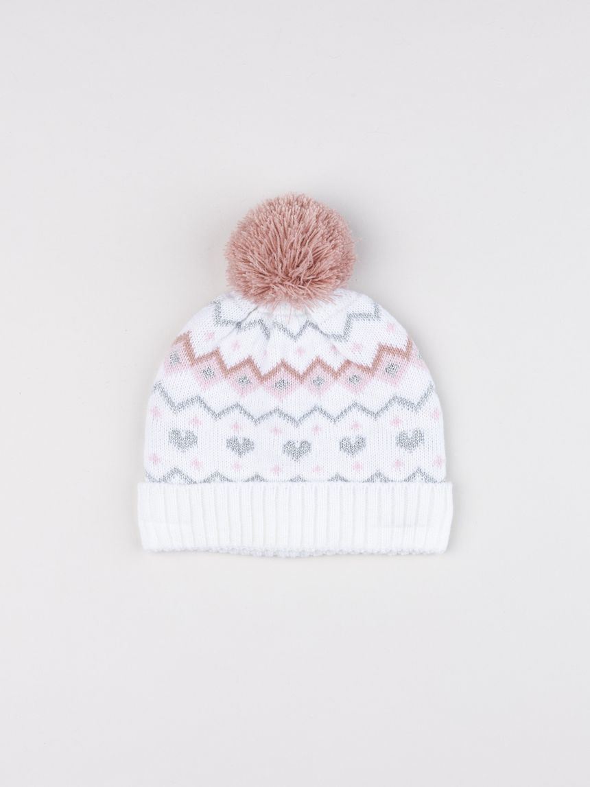 Cappello bimba bianco e rosa greche e pon pon