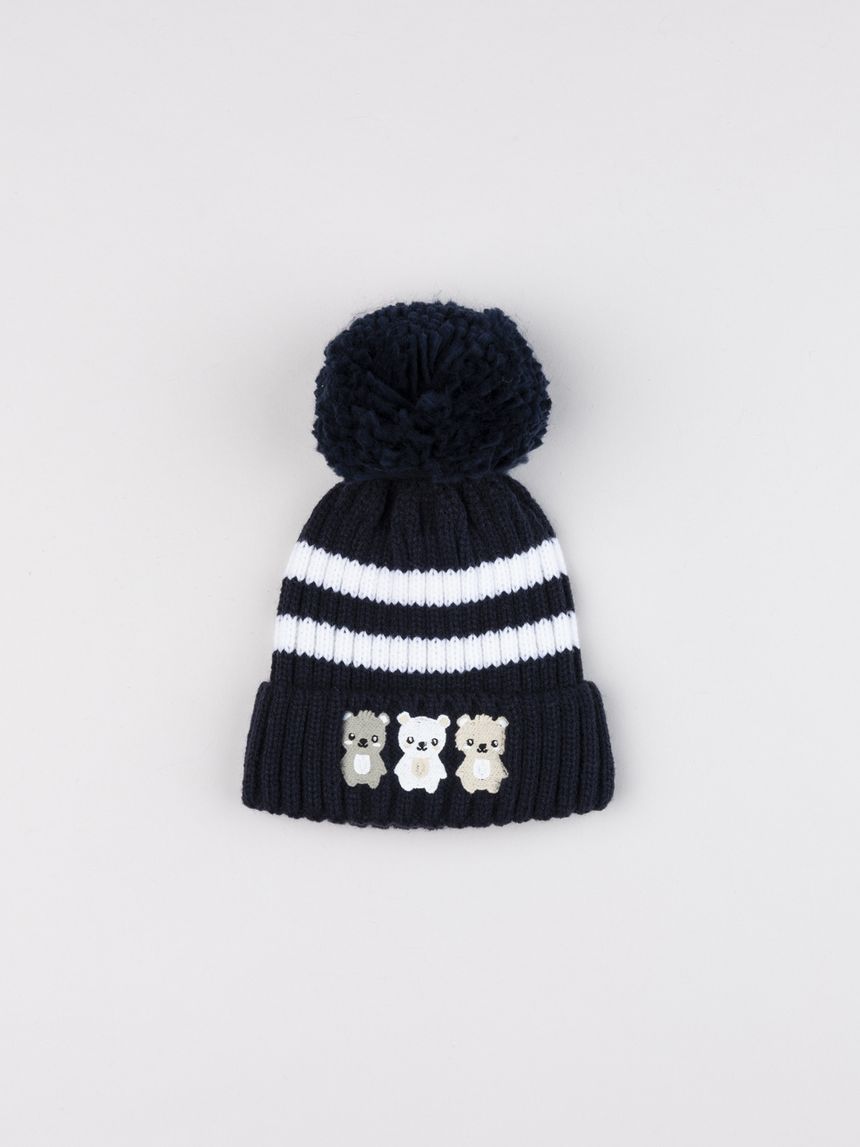 Cappello bimbo bianco/blu orsetti con pon pon