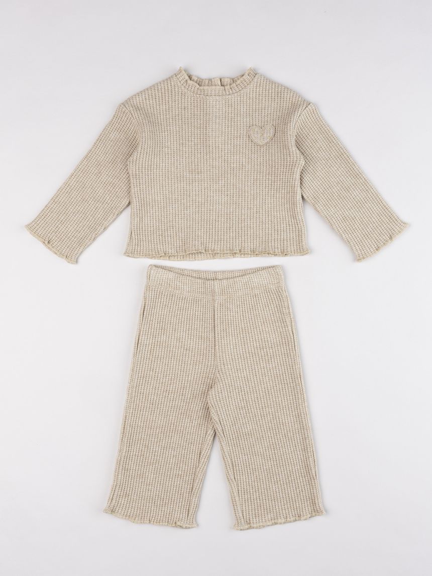 Completo 2 pezzi bimba in maglia tagliata beige