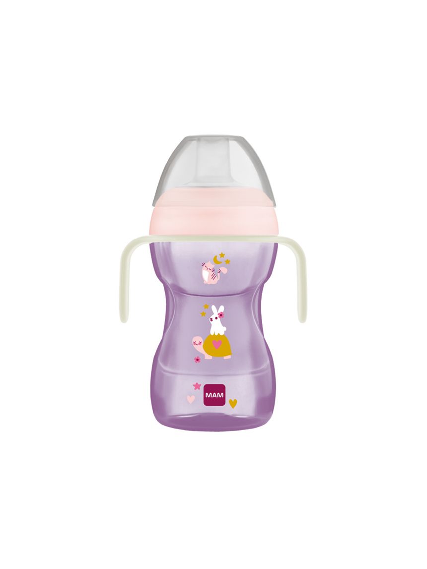 Mam fun to drink cup night tazza bambini 270 ml, manici che si illuminano al buio, beccuccio extra-morbido anti-goccia e valvola flusso libero, rosa