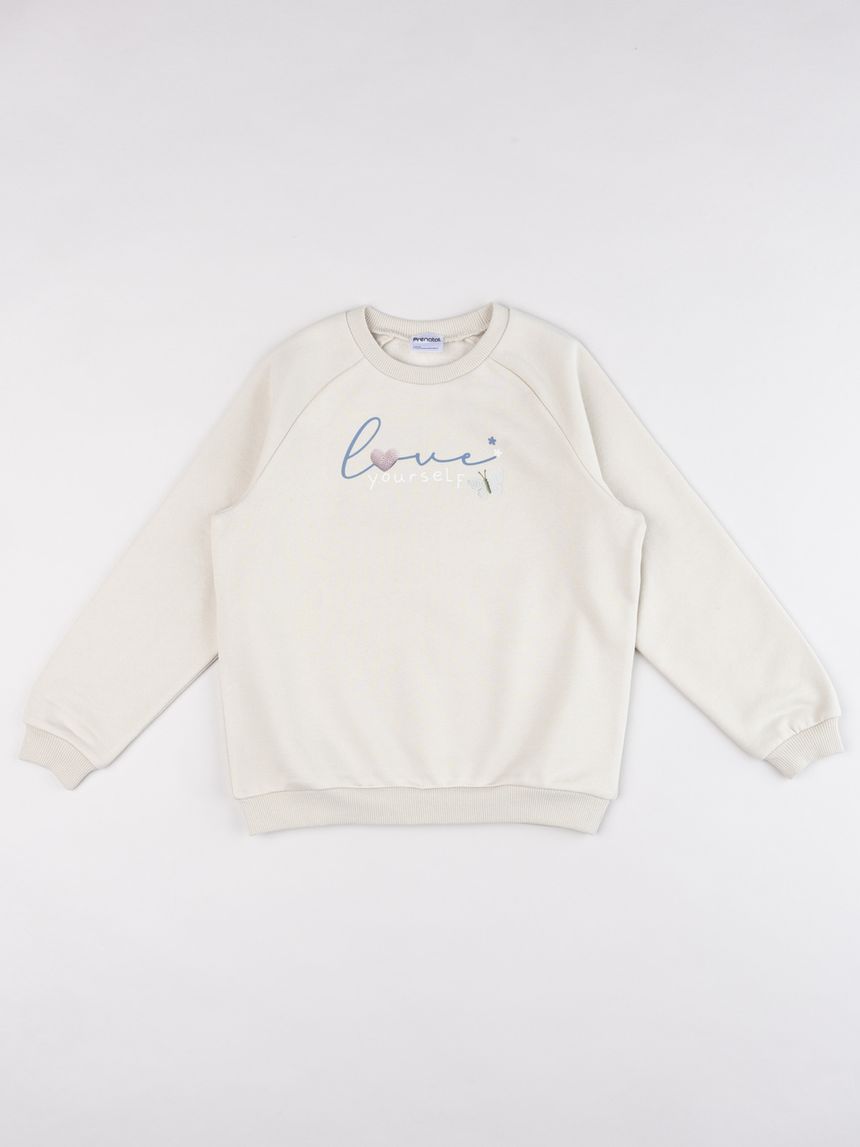 Felpa bambina beige con ricamo farfalla e cuore