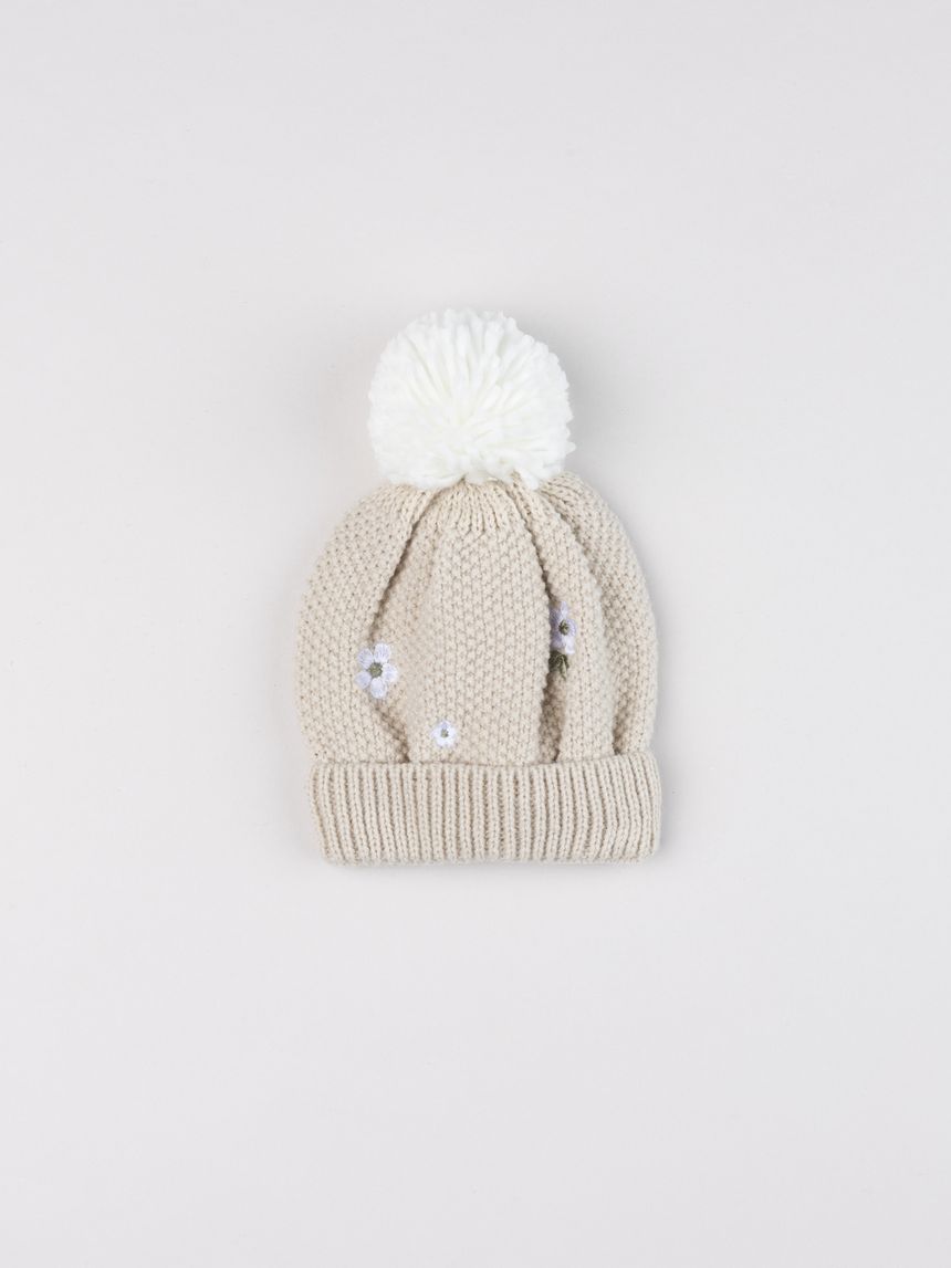 Cappellino bimba beige ricamato fiori