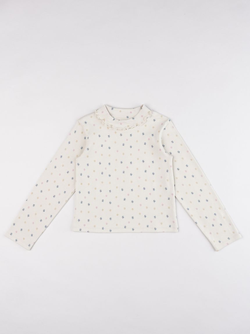 T-shirt con colletto bambina beige con fiori e volant