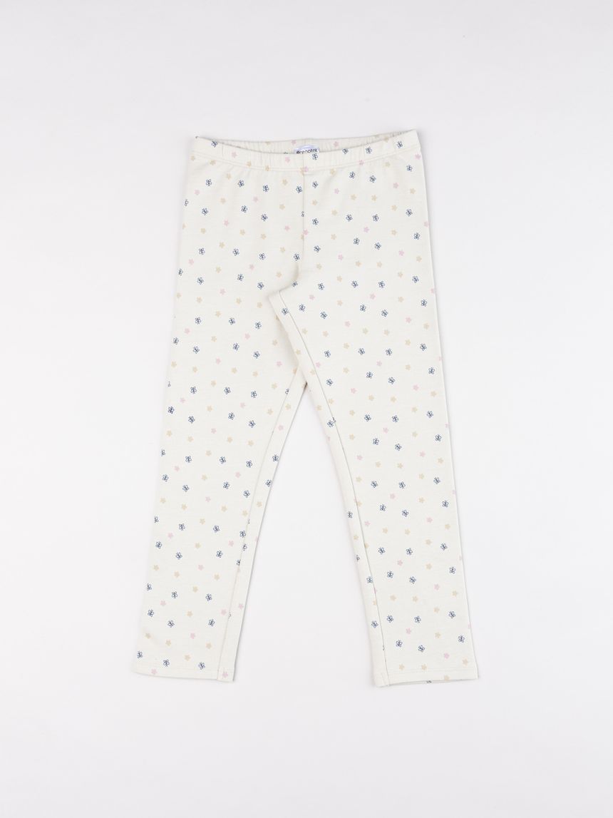 Leggings bimba beige garzati con allover blu e rosa