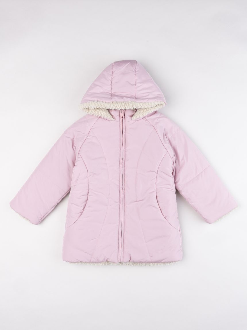 Giacca bambina rosa con cappuccio e fodera "bouclé"