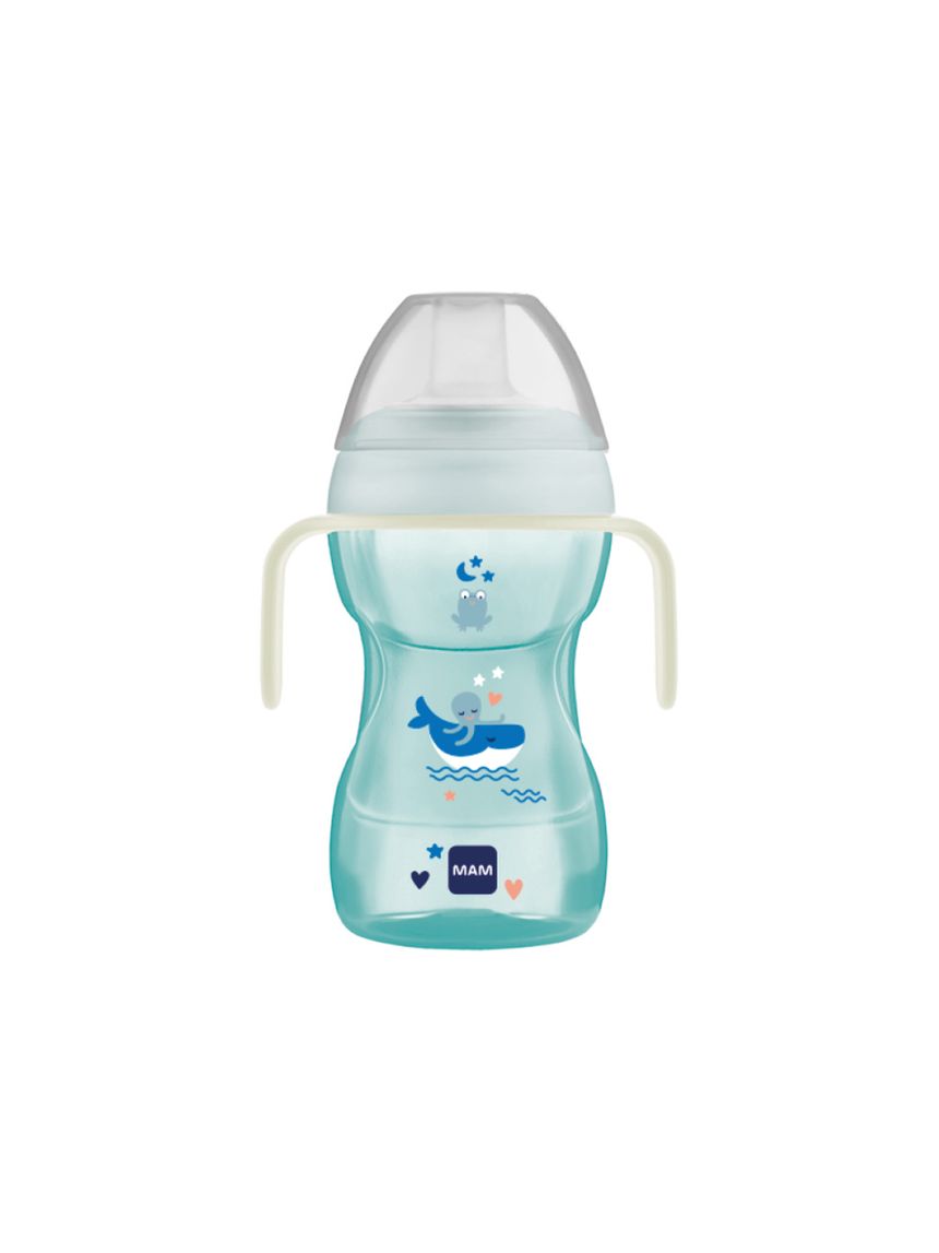 Mam fun to drink cup night tazza bambini 270 ml,manici che si illuminano al buio, beccuccio extra-morbido anti-goccia e valvola flusso libero, azzurro