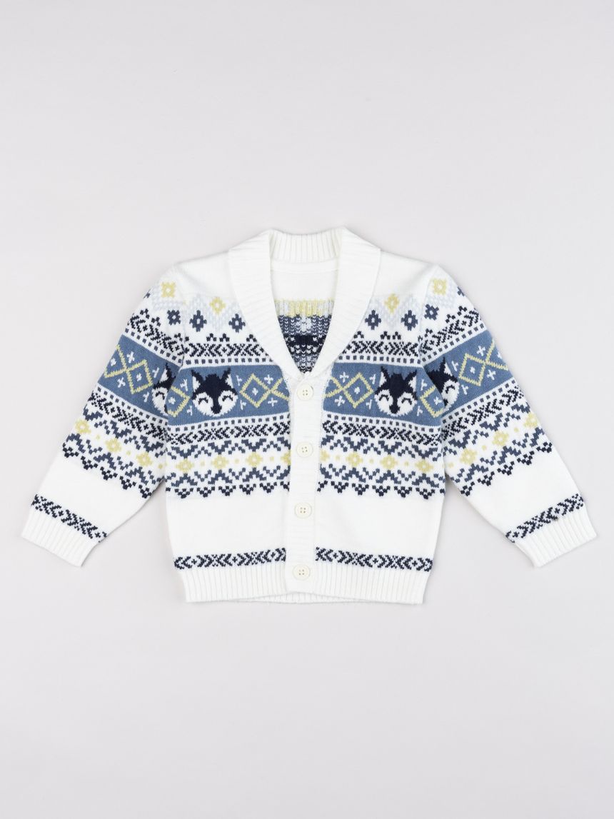 Cardigan bimbo bianco con collo a scialle e volpette