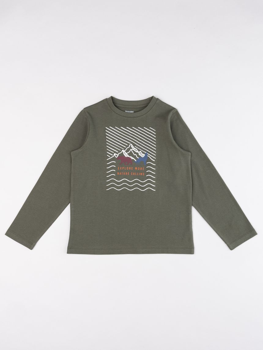 T-shirt manica lunga verde con grafica "mountain" bambino