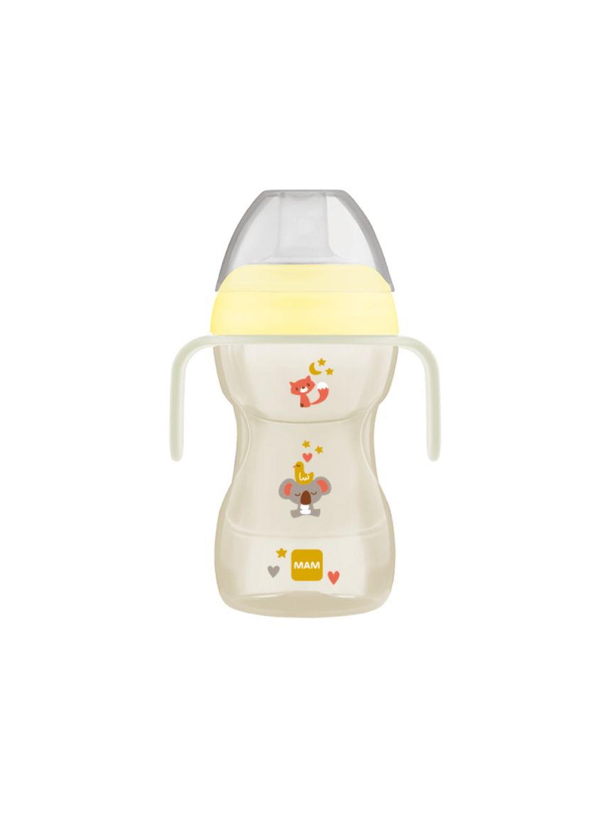 Mam fun to drink cup night tazza bambini 270 ml,manici che si illuminano al buio,beccuccio extra-morbido anti-goccia e valvola flusso libero, neutro