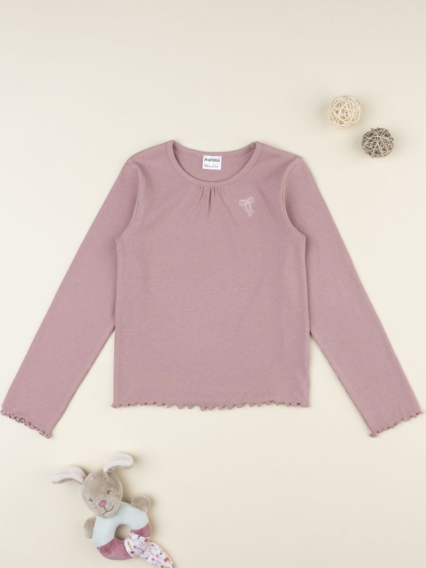 T-shirt bimba rosa scuro a costine ricamata
